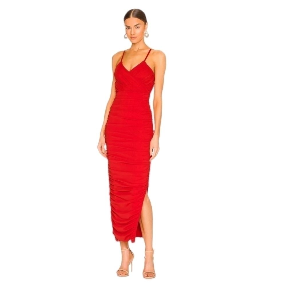 Revolve Elliatt Red Pippa Rushed Mesh Evening Midi Dress Gown Cocktail Party Wed